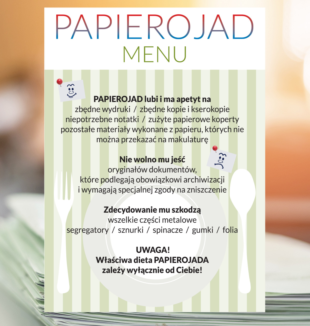 Napis Papierojad Menu oraz opis zasad korzystania z paperojada