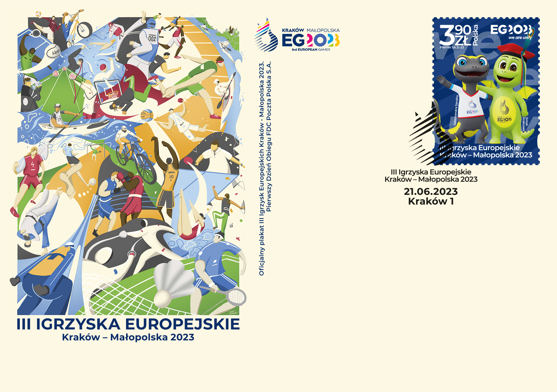  Maskotki III Igrzysk Europejskich Kraków – Małopolska 2023 na wyjątkowym znaczku pocztowym 
