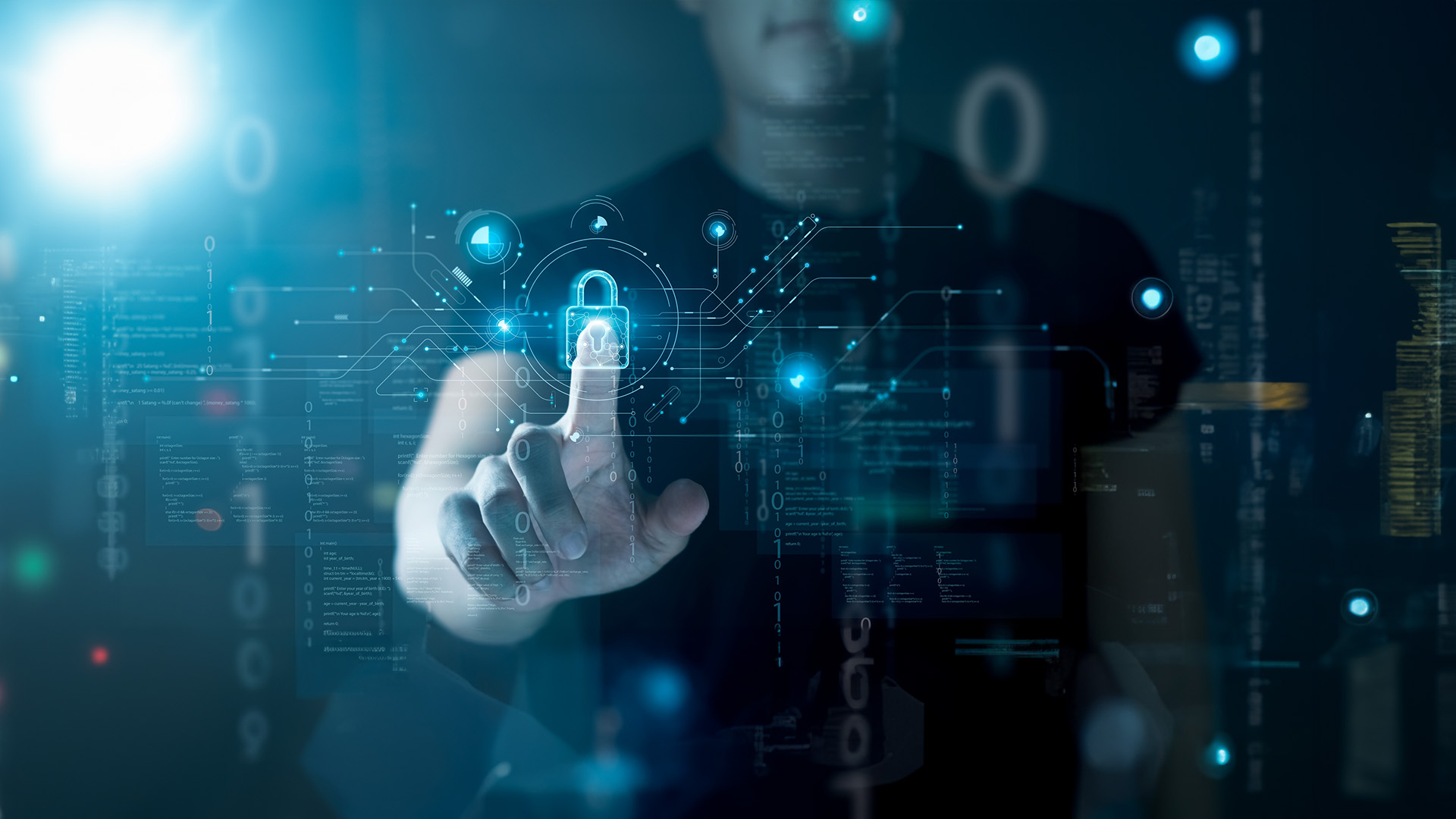 Featured Image The silhouette of a man in the background that presses the virtual padlock button