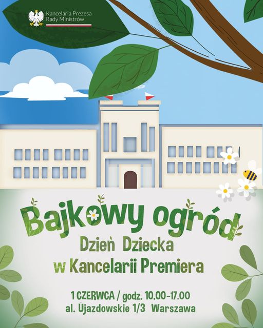 plakat z zaproszeniem na wydarzenie bajkowy ogród, zielony napis na tle kancelarii premiera
