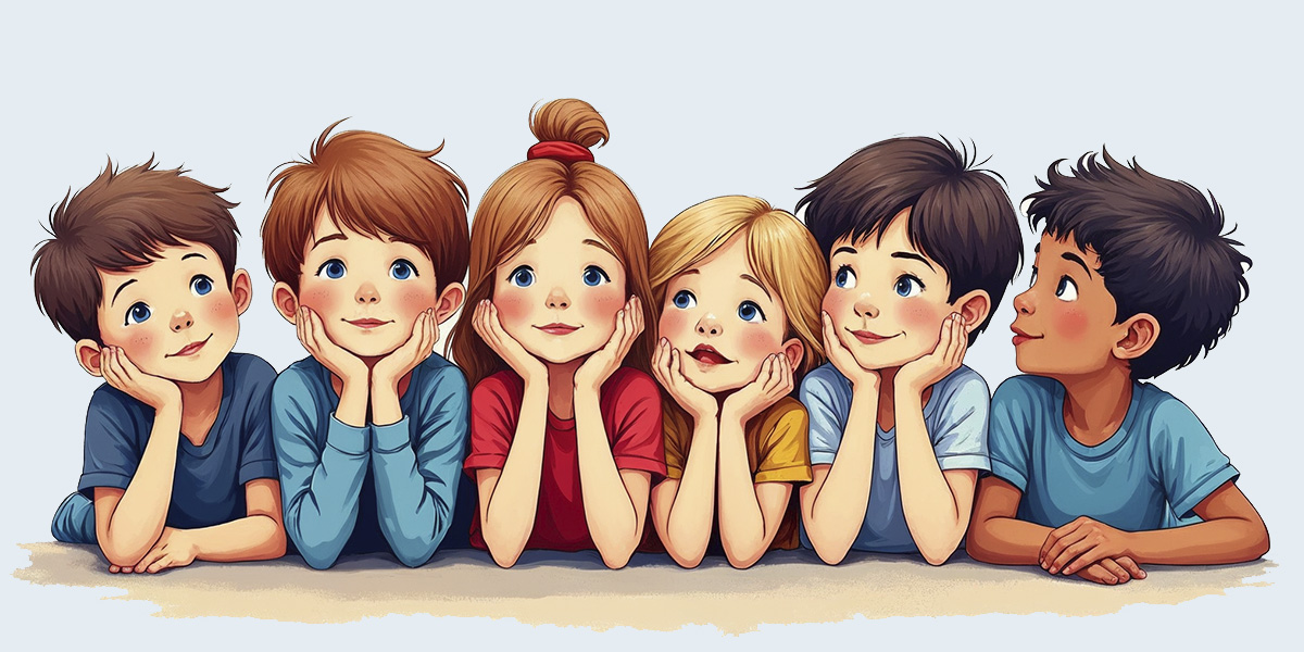 rysunek uśmiechniętych dzieci, które podpierają głowy rękoma