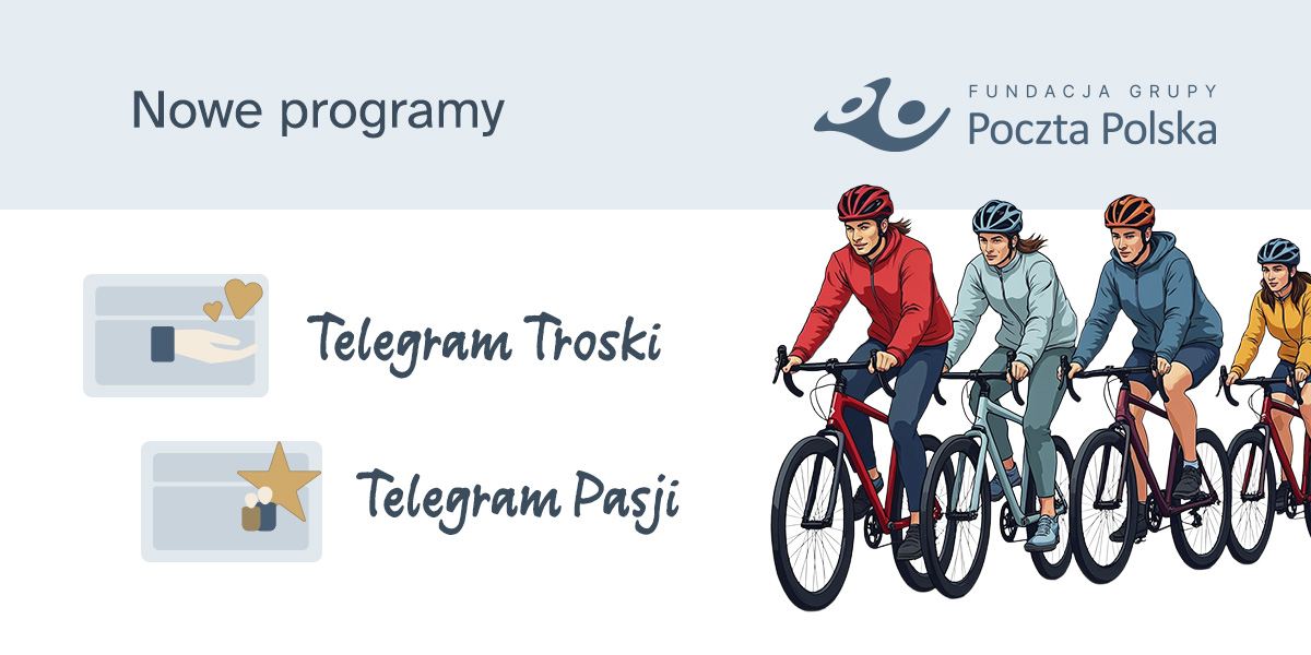 osoby jadące na rowerze, obok ikony programu telegram troski