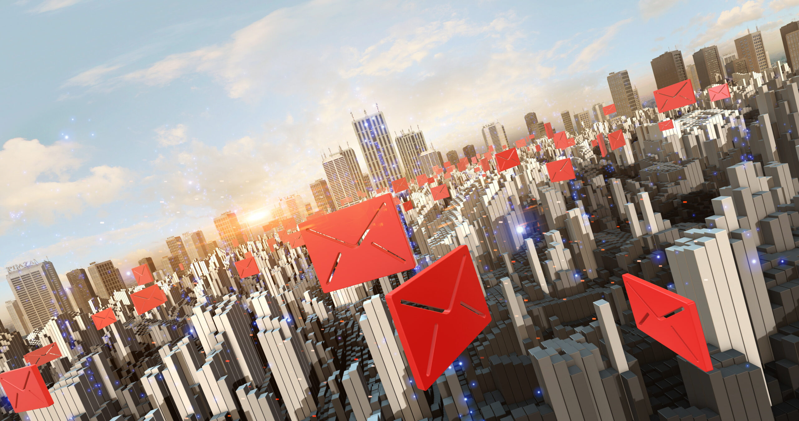 widok wieżowców z lotu ptaka i czerwone koperty nad nimi