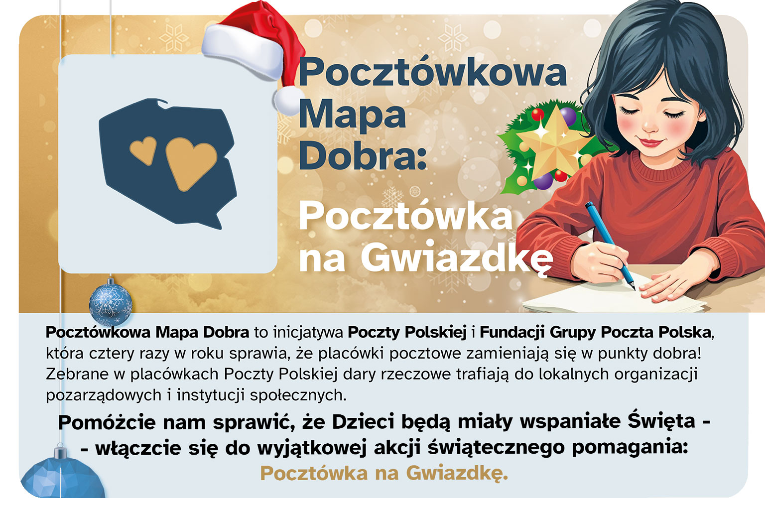 grafika promująca pocztókę na Gwiazkę. Dziewczynka pisze list.