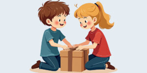 rysunek uśmiechniętych dzieci, które otwierają prezent