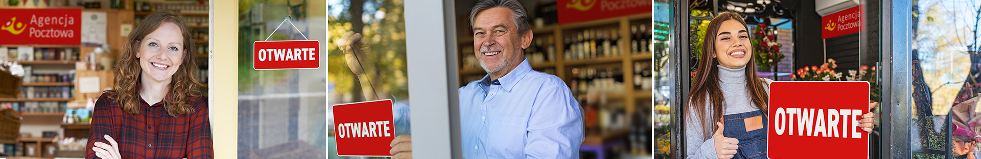 Osoby prowadzące działalność handlową stojące w drzwiach punktów z napisem otwarte