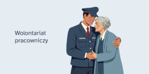 the postman stands next to the elderly woman and holds her hand