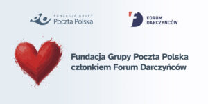 czerwone serce a obok loga fundacji i darczyńców oraz hasło