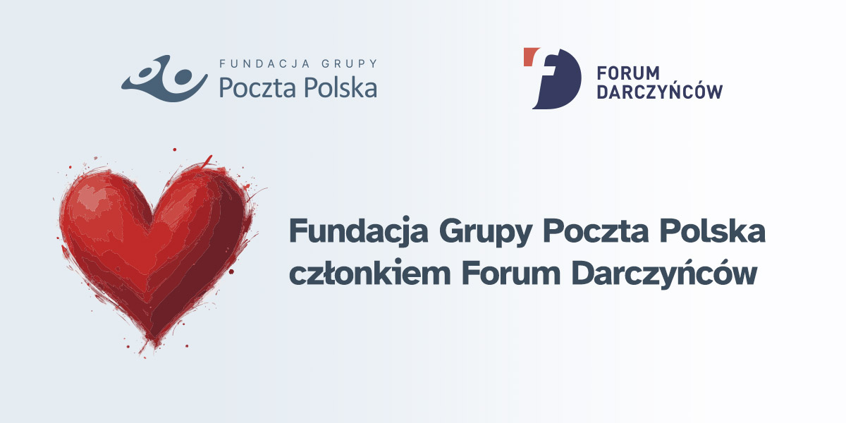 czerwone serce a obok loga fundacji i darczyńców oraz hasło