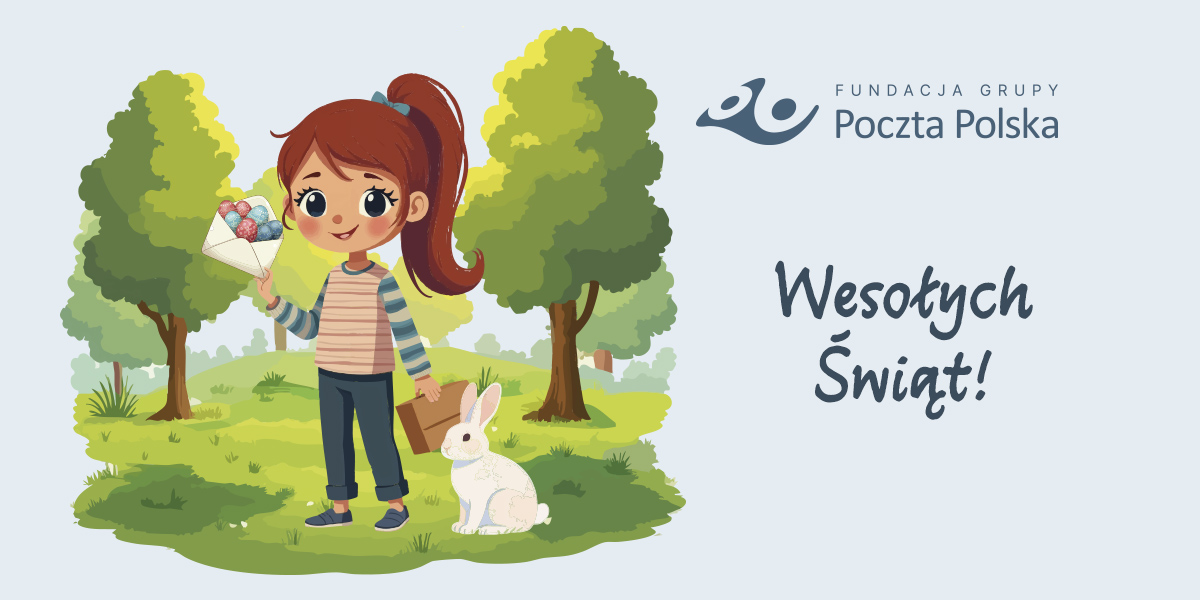 baner z napisem wesołych świąt, dziewczynka trzyma w ręce kopertę z różnokolorowymi pisankami , a obok na łące wesoło i radośnie kica biały króliczek