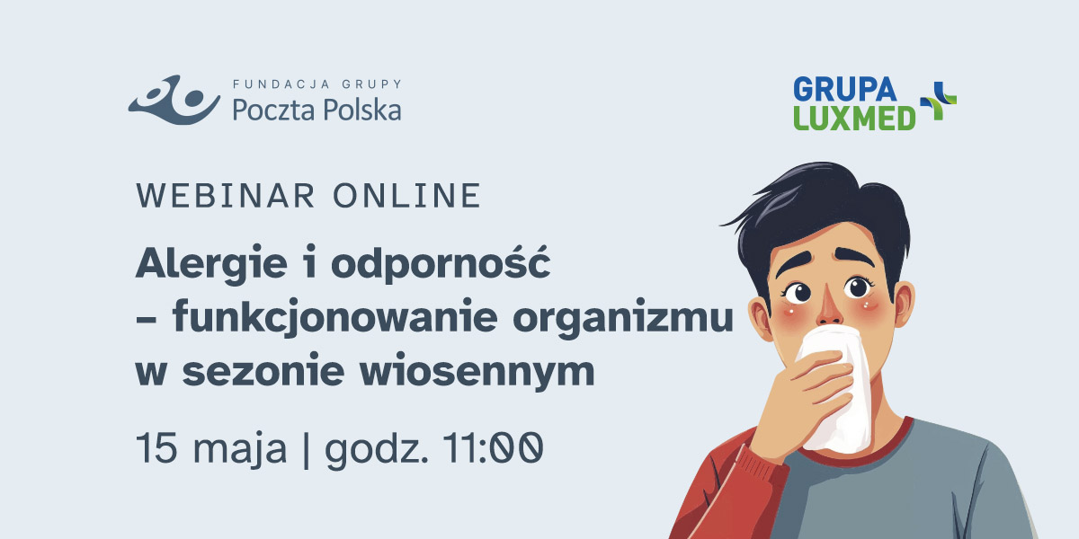 bnaer z hasłem alergie i osoba wycierająca nos chusteczką