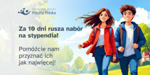 baner zachęcający do wzięcia udziału w programie stypendialnym. Na banerze dzieci wesoło wybiegające ze szkoły.