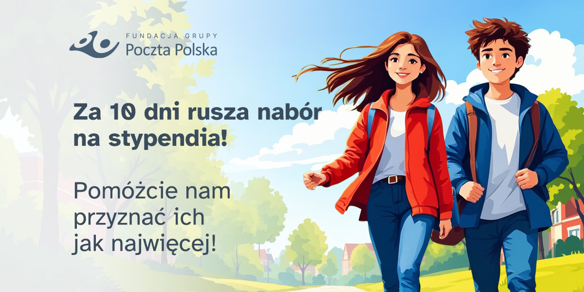 baner zachęcający do wzięcia udziału w programie stypendialnym. Na banerze dzieci wesoło wybiegające ze szkoły.