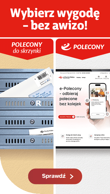 baner z podzieonym ekranem laptopa i skrzynki na listy zhasłem promującym e-polecony bez awizo